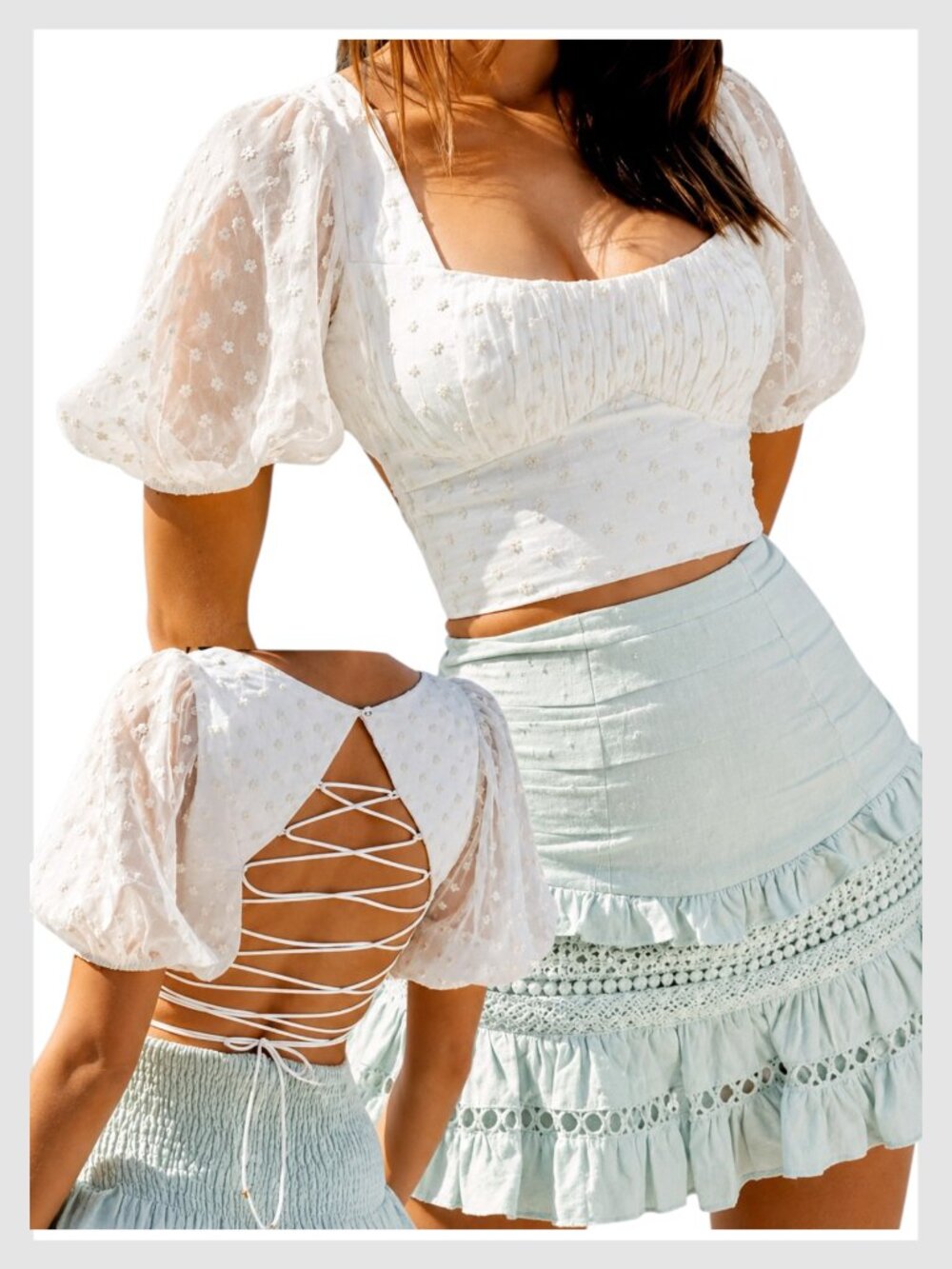 Hello Molly Crop Top Ivory White Puff Sleeve Lace-Up Back M